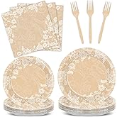 Retro Party Plates and Napkins Wedding Party Decorations White Lace Tableware Set Disposable Paper Dinner Dessert Plates Napkins Forks for Bridal Shower Wedding Holiday Party Supplies Server 24 Guests