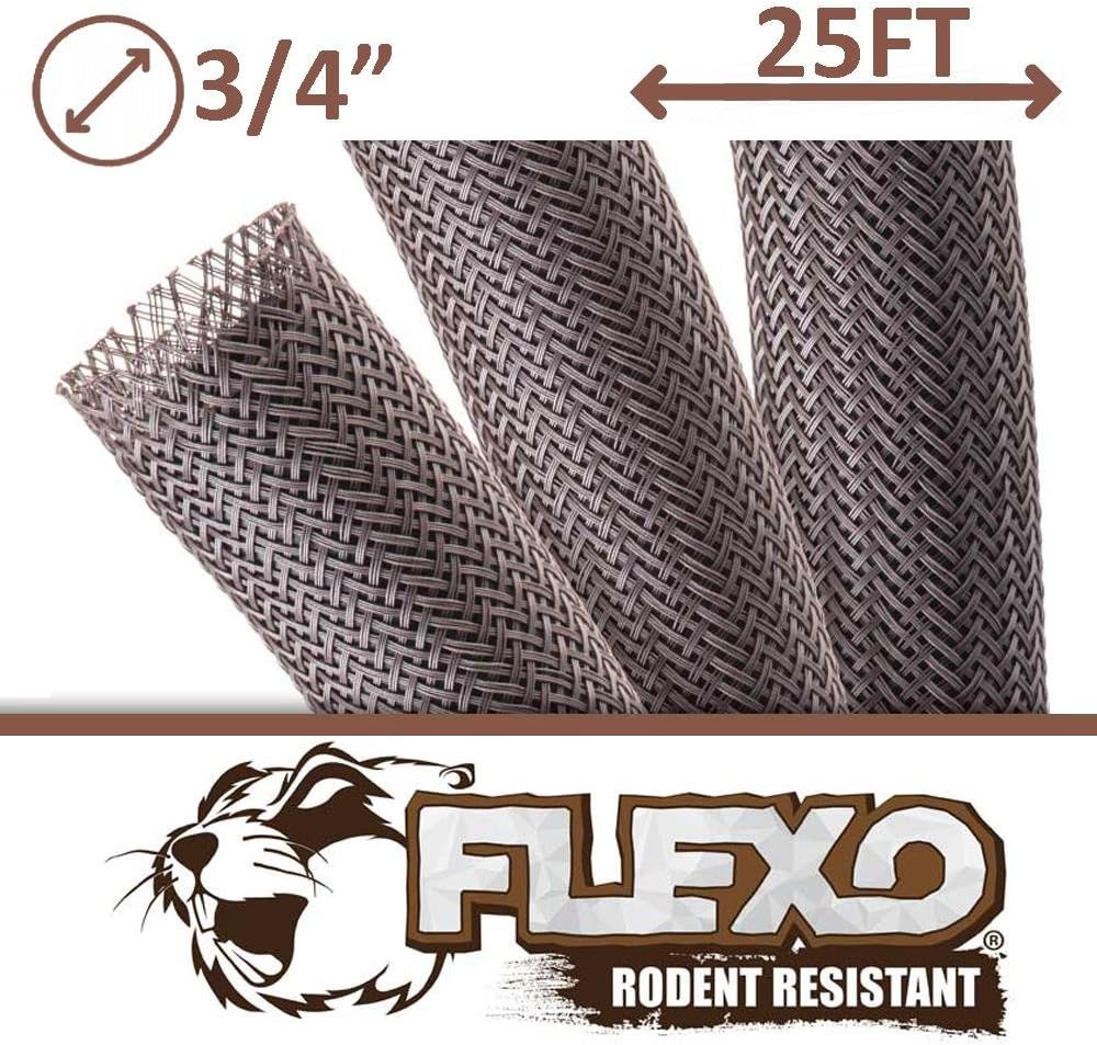 3/4" Rodent Resistant Expandable Braided Sleeving Mouse and Rat Repellent Cable Protector - 25FT