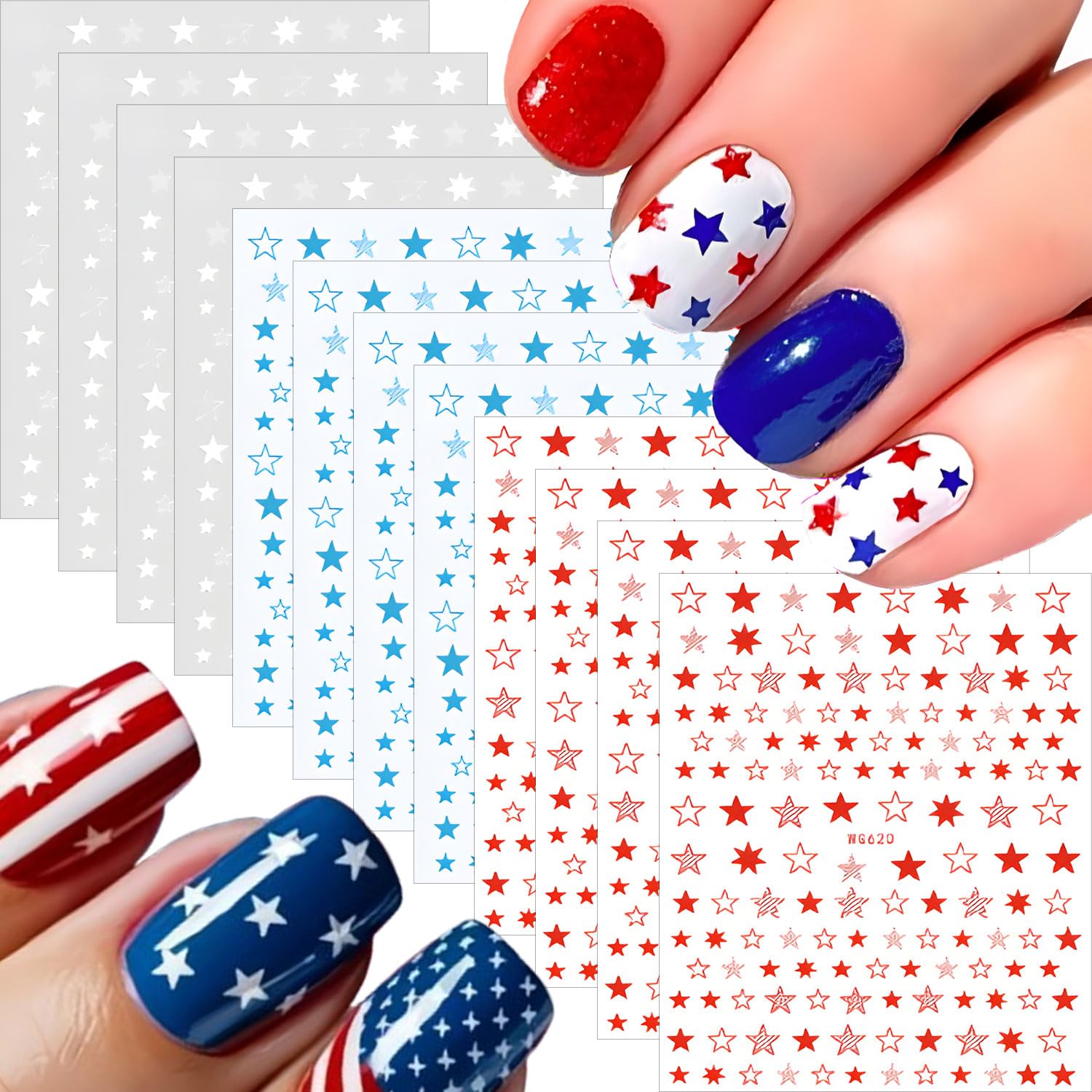 Photo 1 of 12 Sheets Star Nail Stickers Blue Red White Nail Decals Independence Day with Design Nail Decals for Nail Art 3D Self-Adhesive Nail Decoration for Women 4th of July Acrylic Nails Supplies