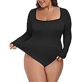 FOREYOND Plus Size Bodysuit for Women Long Sleeve Ribbed Body Suits Square Neck Bodysuits Sexy One Piece Body Suit Tops Black 2XL