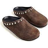 RBTHOLP Suede Clog Mules for Women Slip On Comfort Studded Clogs Soft Faux Suede Flat Mules with Metal Studs Accent Fall Daily Shoes