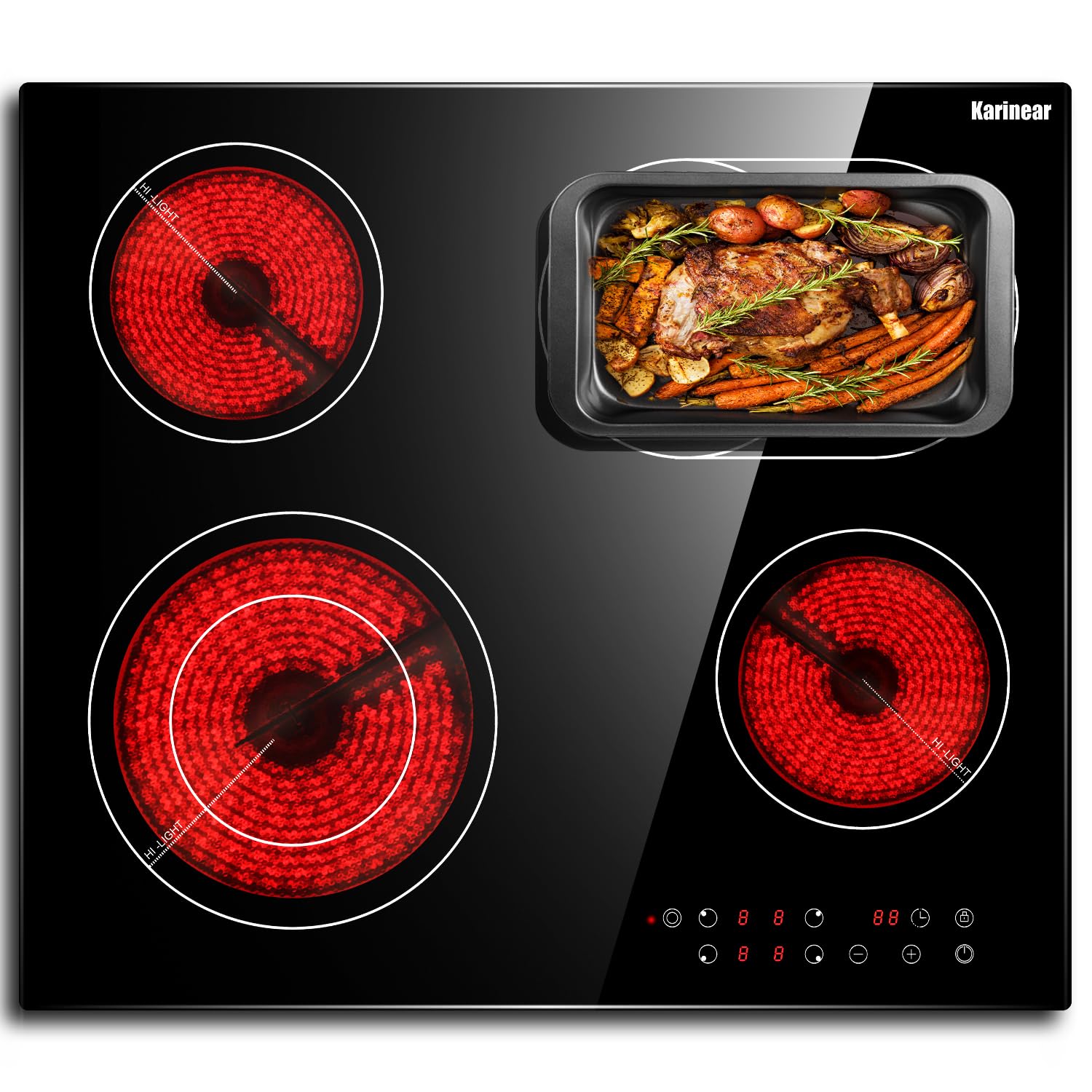Karinear Ceramic Hob, 60cm Built-in 4 Zones Electric Cooktop with Dual Oval Zone 6600W, Hard Wired, No Plug Included