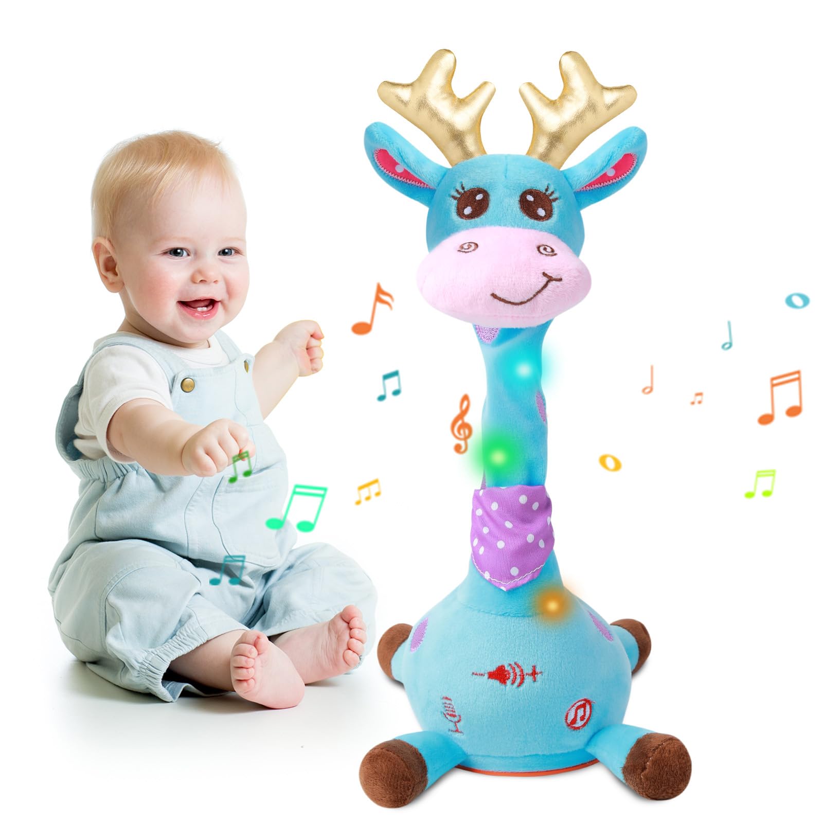 MIAODAM Dancing Talking Giraffe Stuffed Animal, Singing 10 Children's Song, Baby Toy Repeats What You Say, Christmas Colorful Glowing Giraffe Plush Interactive Toys for Toddlers 1-3 Year(Blue