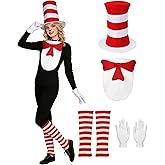 SOOFILM Cat Costume 4PCS Accessories Red Set Tall Hat Bow Tie Gloves and Leg Warmers for World Book Day Halloween Cosplay