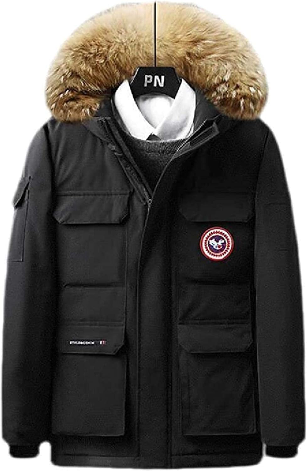 KNML Mens Stand Collar Quilted Faux Fur Warm Outdoor Hooded Down Jackets, Black, XLarge at