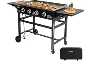 Royal Gourmet GB4001C-N 4 Burner Propane Gas Griddle with Cover, 35 Inch Outdoor Flat Top Grill Griddle with Foldable Side Tables & 52,000 BTUs Output for Barbecue Grilling, Black
