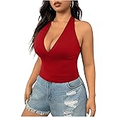 SOLY HUX Women's Plus Size Sexy Halter Deep V Neck Tank Top Backless Sleeveless Slim Fitted Going Out Crop Tops