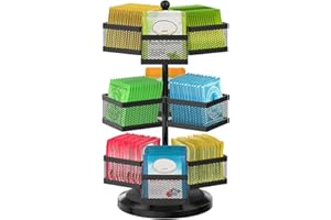 iDavosic.ly 3 Tier Tea Bag Organizer, Packet Storage Holder Spinning Carousel With 9 Compartments, Rotating Metal Caddy for Kitchen Counter Cabinet, Up to 108 Teabags Storage, Black