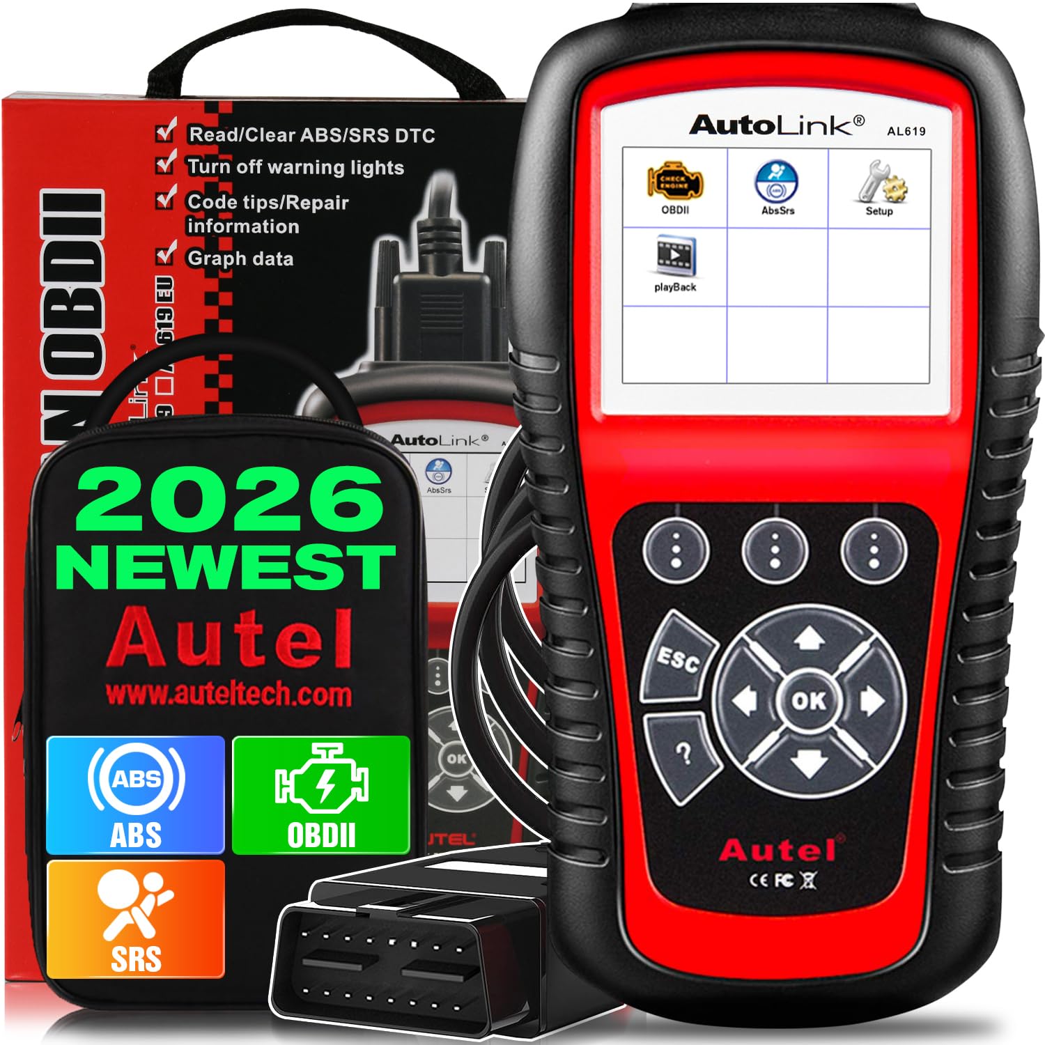 Autel AutoLink AL619 ABS SRS OBD2 Scanner, 2026 Autel Diagnostic Scan Tool with ABS Airbag Warning Lights Reset, Code Reader with Enhanced 10 Test Modes, Upgarded Ver. of ML619/ AL519/ AL319