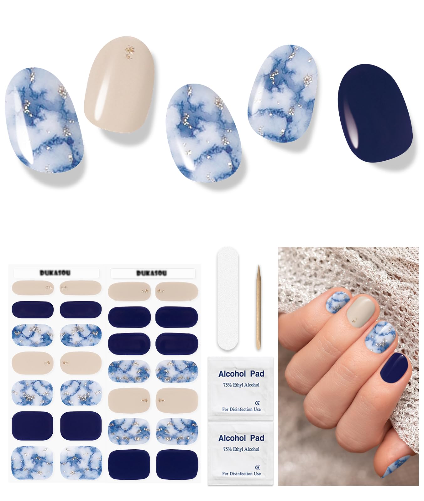 Semi Cured Gel Strips, 28 pcs Work with Any UV Lamp, Long Lasting Stickers Full Wraps, Salon Quality, Easy to Apply (Deep Blue)