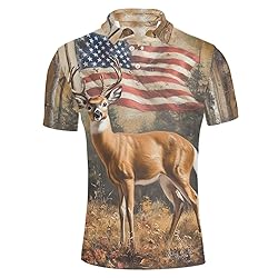 HUGS IDEA American Flag Mens Golf Shirt Deer Short