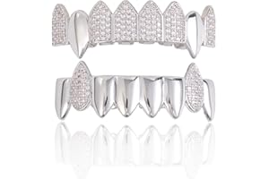 AINTTBY Grillz street Hip Hop personality Gold Shiny Copper gold-plated teeth Grillz Vampire fangs Grills Daily wear Halloween and Party Unisex - Comes With Tweezer & Dental Wax (8002Silver)