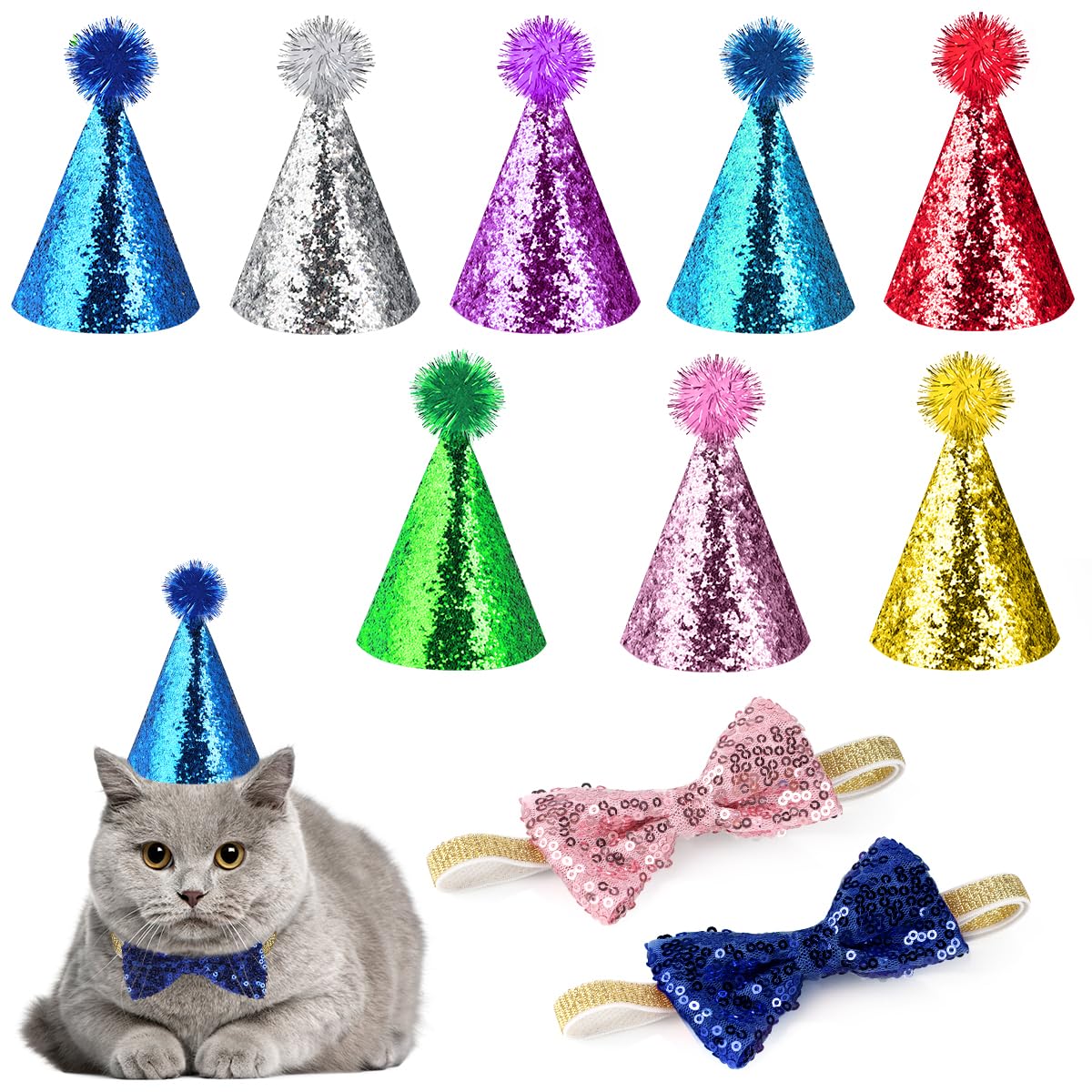 Photo 1 of 10 Pcs Cat Birthday Hat Dog Birthday Hats, Multi Color Mini Party Hats Set with 8 Pcs Hats and 2 Pcs Bowtie for Cat Dogs Kittens Rabbits