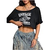 SweatyRocks Women's Vintage Graphic Tees Off The Shoulder Crop Top Car Print Oversized T Shirts