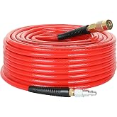 Hromee 1/4-Inch x 100 Feet Polyurethane Air Hose with Bend Restrictors PU Compressor Hose with 1/4" Industrial Quick Coupler and Plug Kit, Red