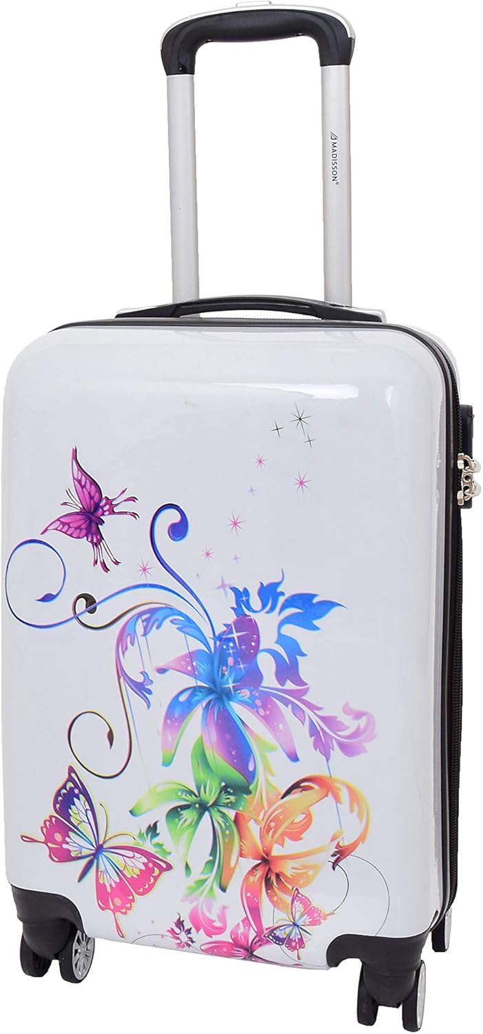 Cabin Size Suitcase White Multi Builtin Lock Carry On Board 4 Wheel