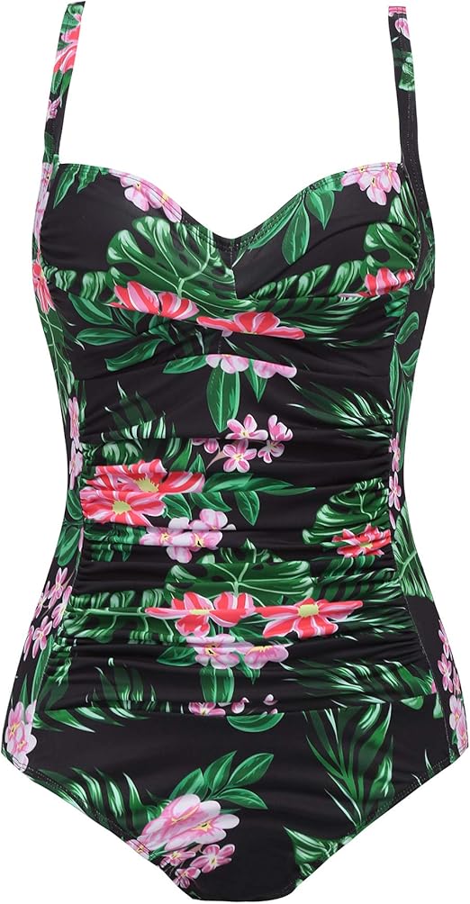 Ekouaer Womens Shirred Bathing Suits Pin up Monokinis One Piece Swimsuits Tummy Control Swimwear