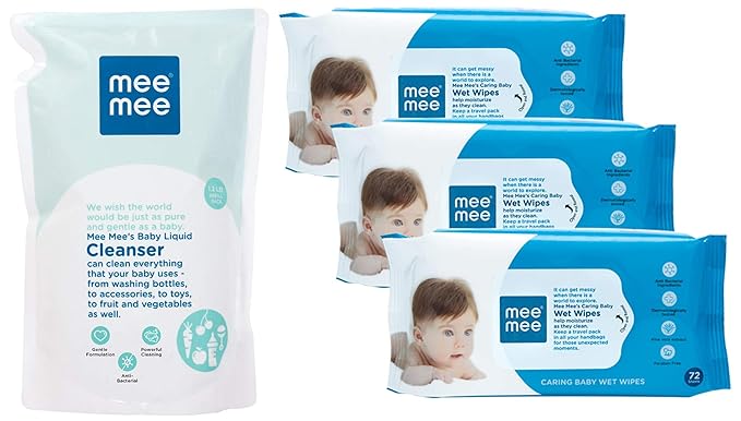 Mee Mee Anti-Bacterial Baby Liquid Cleanser (1.2L) & Caring Baby Wet Wipes with Aloe Vera (72 pcs/Pack) (Pack of 3) Combo