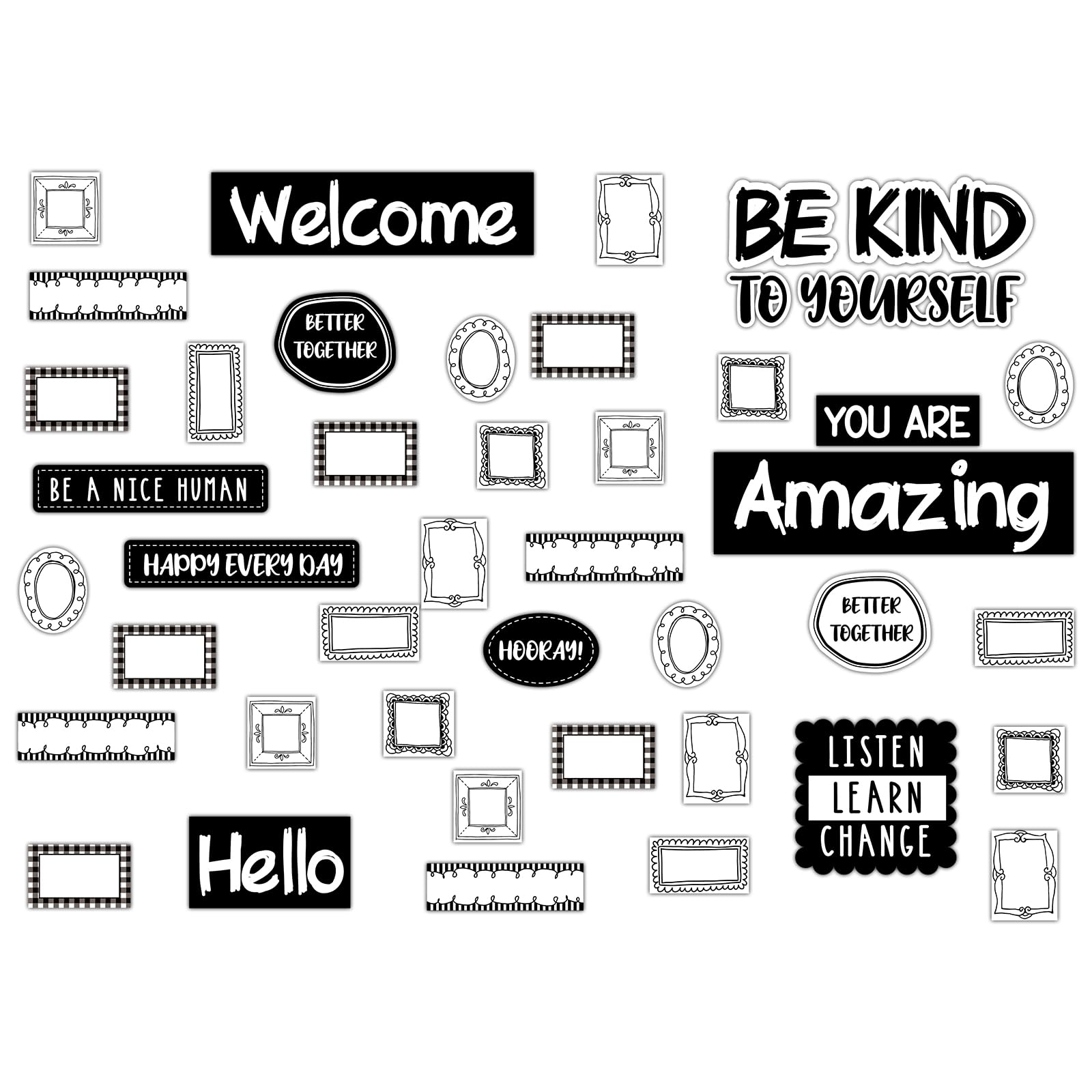 Photo 1 of Mooliwe 53 Pcs Black and White Classroom Decor Black and White Welcome Bulletin Board Set Motivational Cutouts Aesthetics Minimalist Decoration Kit for Back to School Wall Bulletin Board Decor Supply