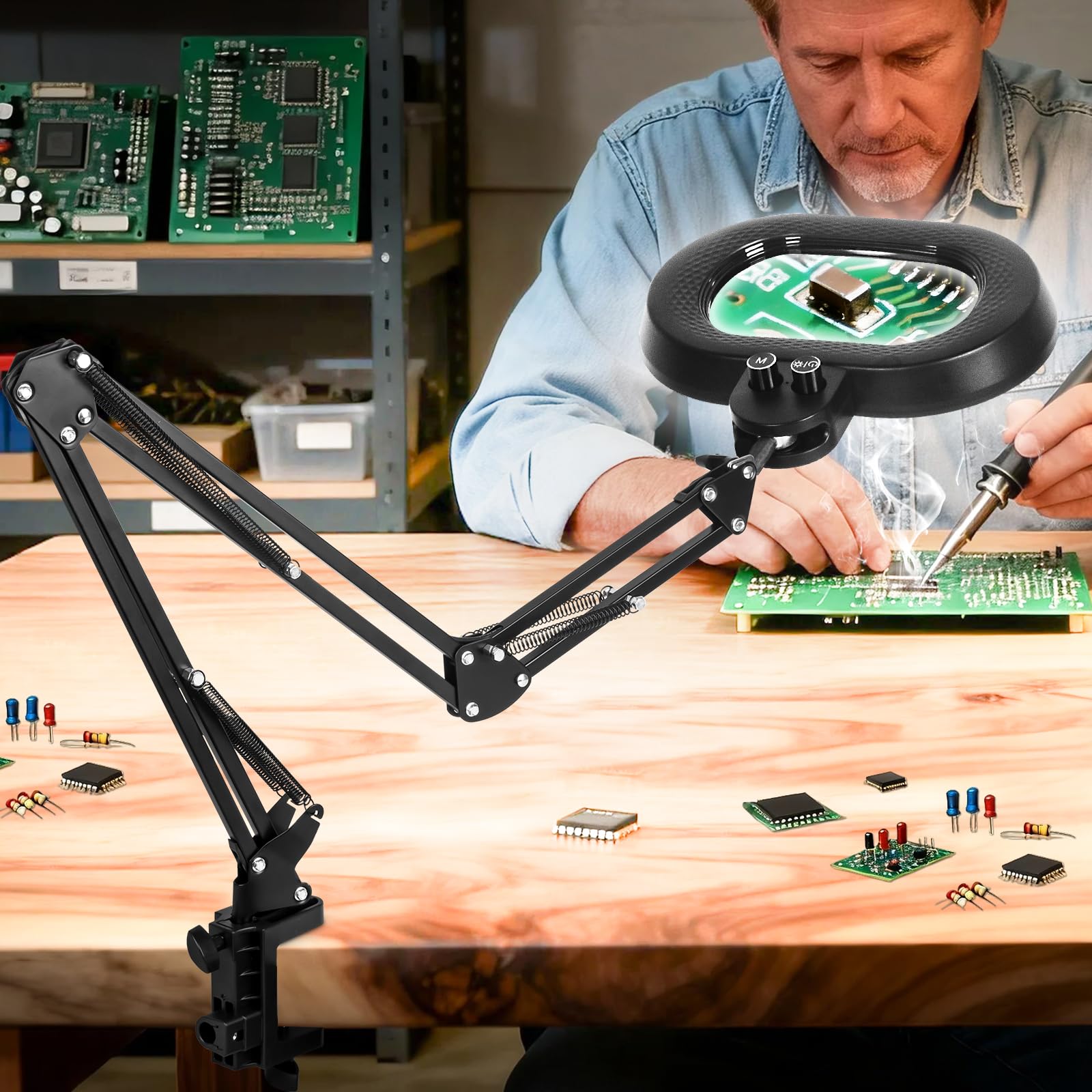 Photo 1 of KIRKAS 12X Magnifying Glass with Light Three-axis Rotation, Extra-Long Arm Magnifying Lamp for Workbench Craft Repair Sewing, LED Lighted Magnifier Real Glass Lens Overhead Stepless Dimming and Color