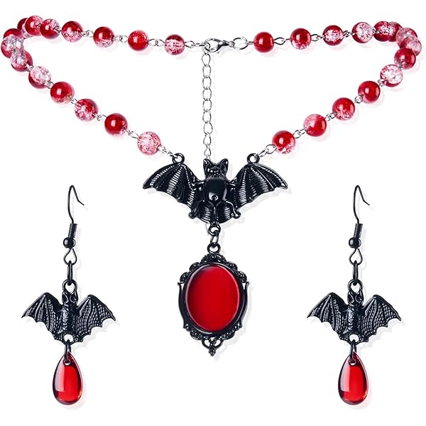 Ensemble Bijoux Gothique Vampire - Collier Ras Du Cou, Bracelet Et Boucles D'oreilles Chauve-souris Dentelle Noire Et Strass Rouges