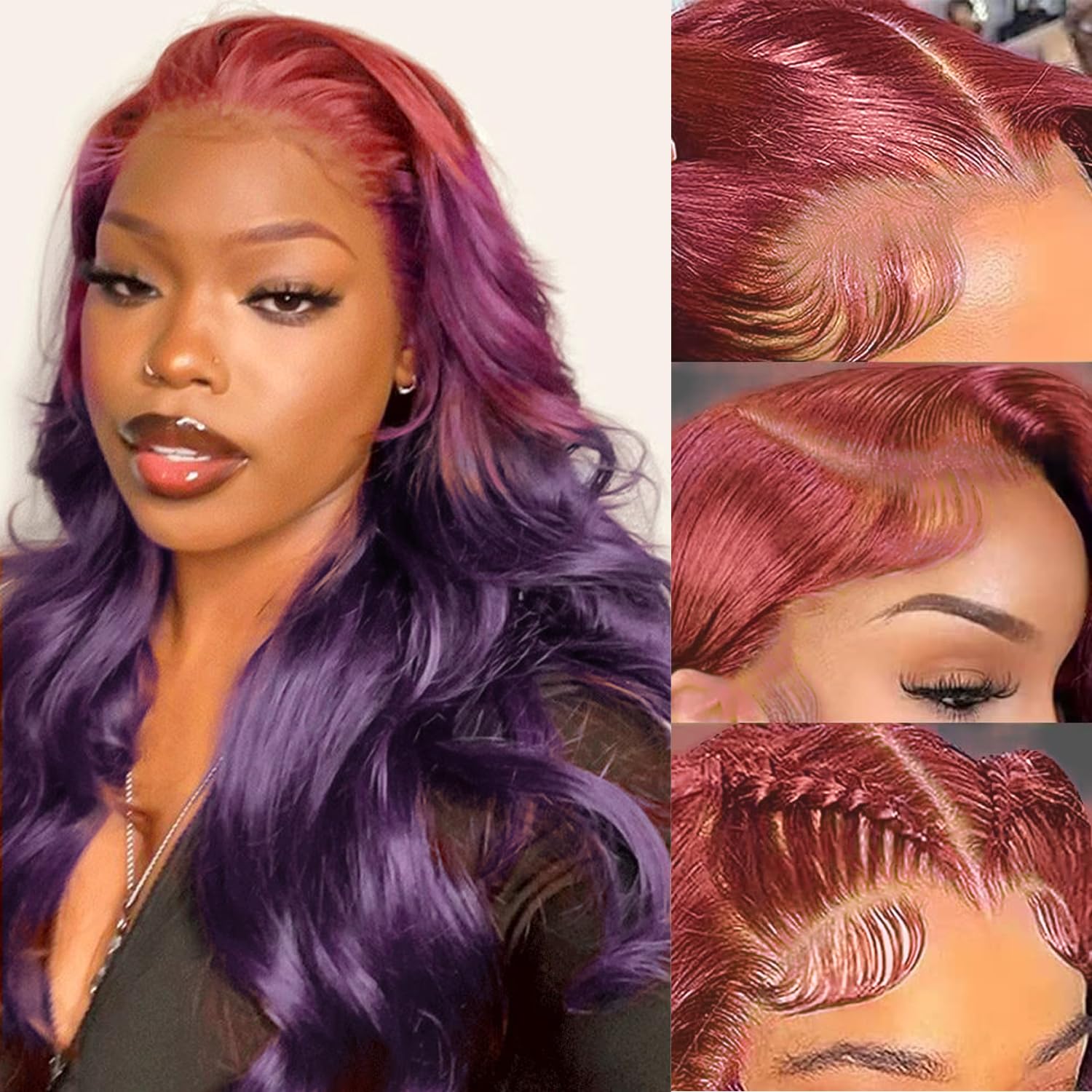 Photo 1 of Purple Ombre 13x4 HD Lace Front Wig Human Hair Body Wave 3 Tone Pink to Purple Glueless Wigs Dark Pink Root Rainbow Colored Lace Frontal Wig 180% Density 20 Inch