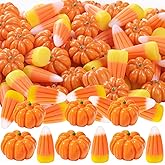 Halloween Mini Decor 70PCS Fake Resin Pumpkins Candy Corn Figurines | Thanksgiving Pumpkins Charms Artificial Candy Corns for Halloween Fall Vase Filler Scrapbooking