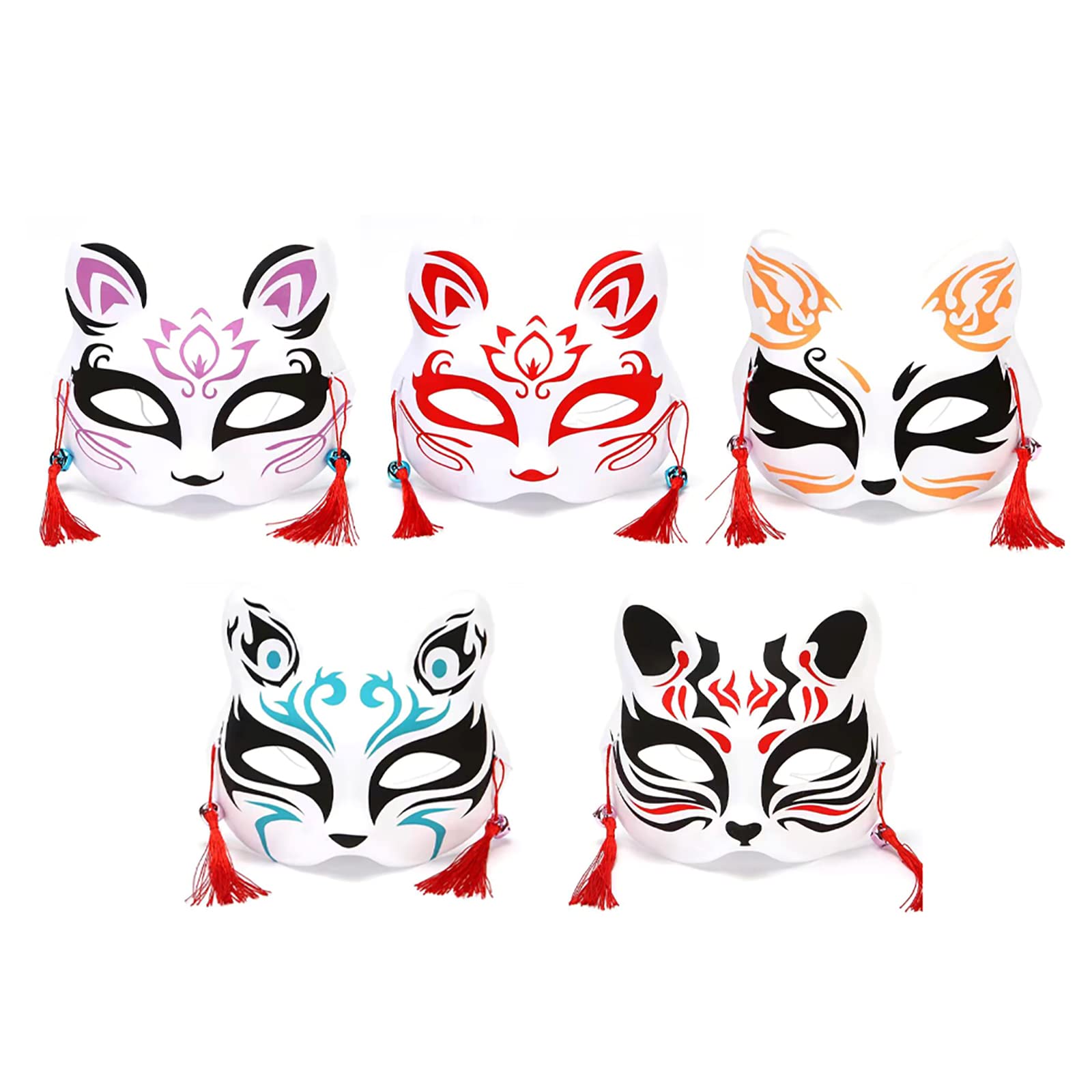 YFFSFDC 5枚セット お面 狐面 猫のお面 猫面 和風 仮面 コスプレ ハロウィン 学園祭 仮面舞踏会 仮装 小物 鈴付き (A) の商品画像
