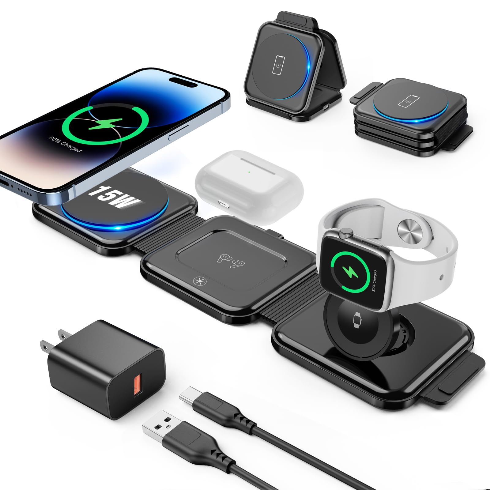 3 in 1 wireless charging station, Foldable Travel Charger Station for iPhone 17/16/15/14/13/12 Series, Apple Watch Charger for iWatch 10/9/Ultra 2/Ultra/8/7/6/SE/5/4/AirPods4/3/2/Pro(with 20W Adapter)