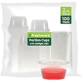 Freshware Plastic Portion Cups with Lids [2 Ounce, 100 Set] Disposable Plastic Cups for Meal Prep, Salad Dressing, Jellos Shot Cups, Souffle Cups, Condiment and Dipping Sauce Cups