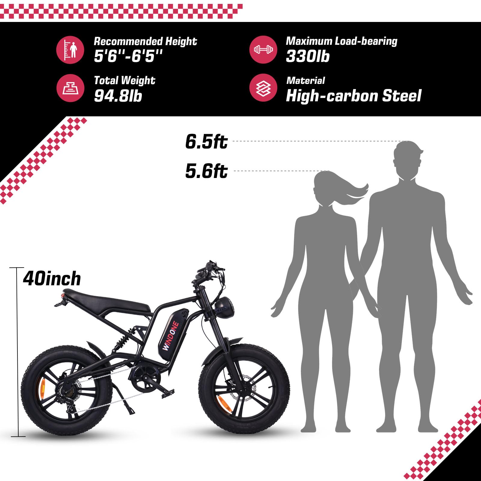 Windone E2/K20 Electric Bike for Adults, 48V 13Ah/15Ah Battery, Up to 28 MPH & 46.6/60 Miles (PAS), 750/1000W Peak Ebike with All-Terrain 20