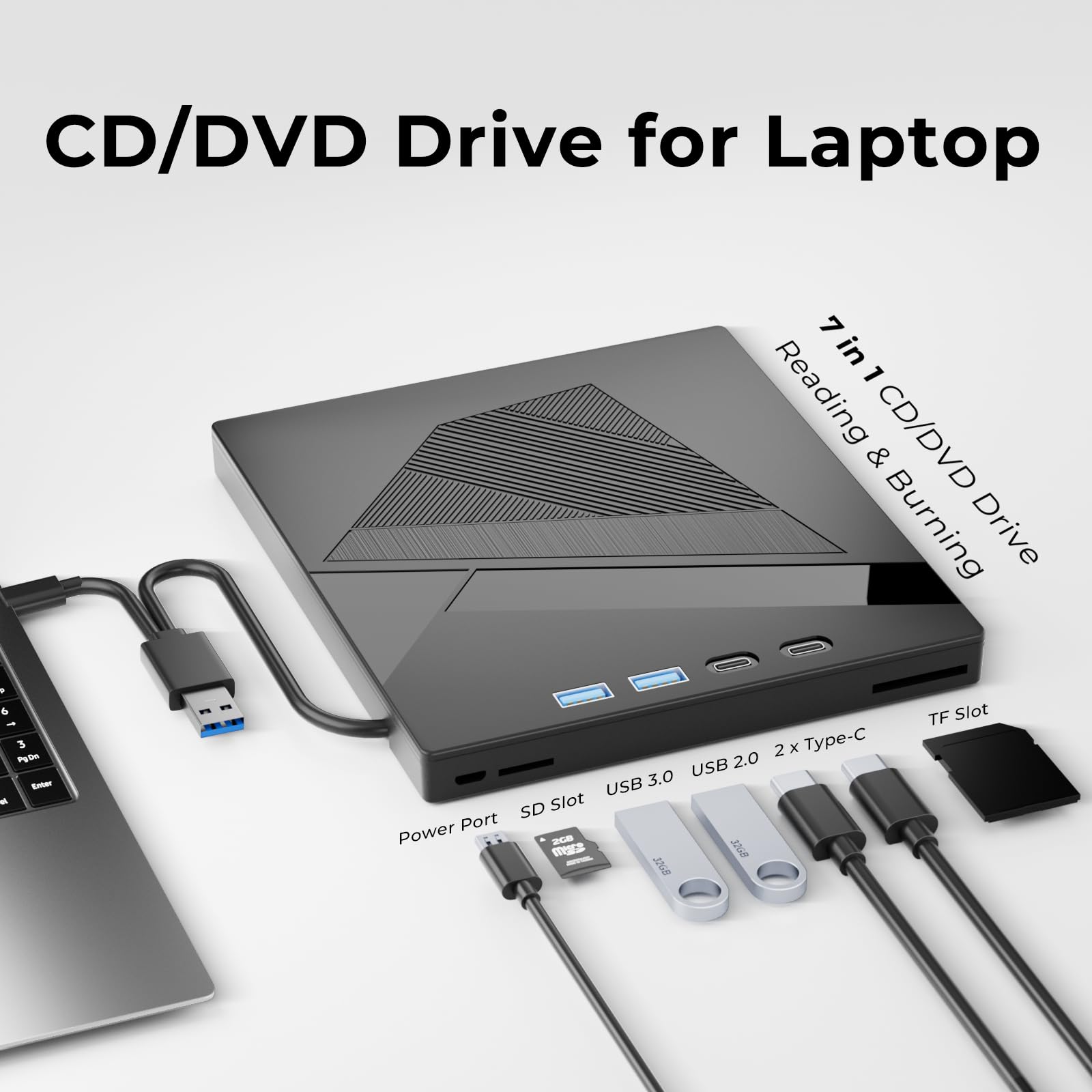 External DVD Drive, 7-in-1 External CD/DVD Drive for Laptop, USB DVD Burner with SD/TF Port, USB 3.0&Type-C CD ROM External Drive for Laptop Desktop PC Windows XP/7/8/10 Linux MacOS