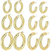 6 Pairs Simple Gold Hoop Earrings Set for Women Trendy, 14K Gold Plated Chunky Hollow Tube Hoops Earrings, Hypoallergenic Lightweight Large Hoops Jewelry 25/30/35mm