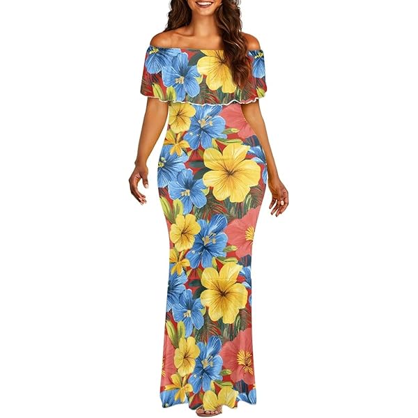 Amazon.com: Fiji Islands Women's Dress with Fluffy Full Skirt Custom Maxi  Skirt Polynesian Patterned Floral Design Flared Sleeve Dress-S : Clothing,  Shoes & Jewelry