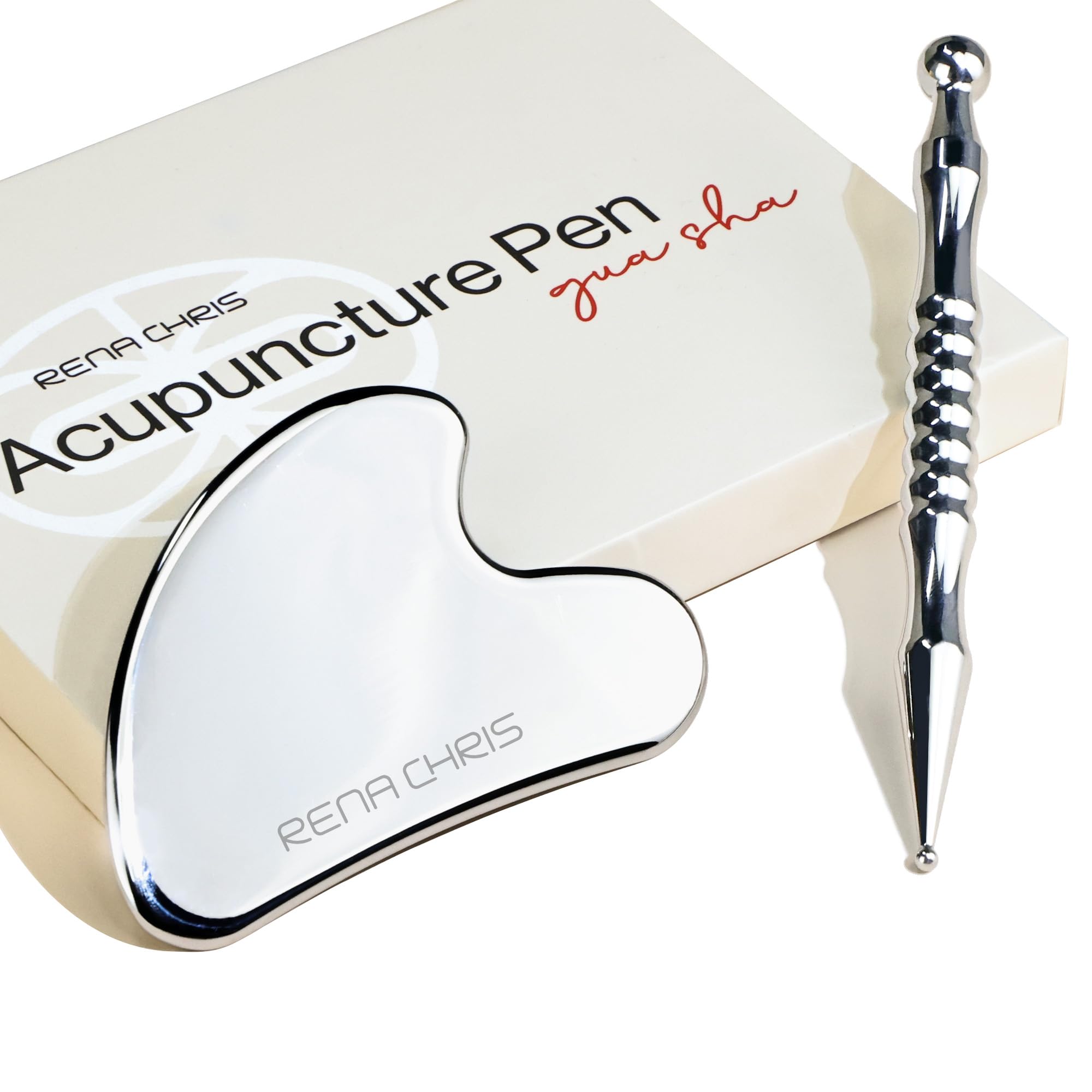 Rena Chris Acupuncture Pen, Manual Reflexology Tools for Muscle Tension and Pain Relief, Acupressure Pen and Stainless Steel Gua Sha Set with Reflexology Chart, Easy to Use