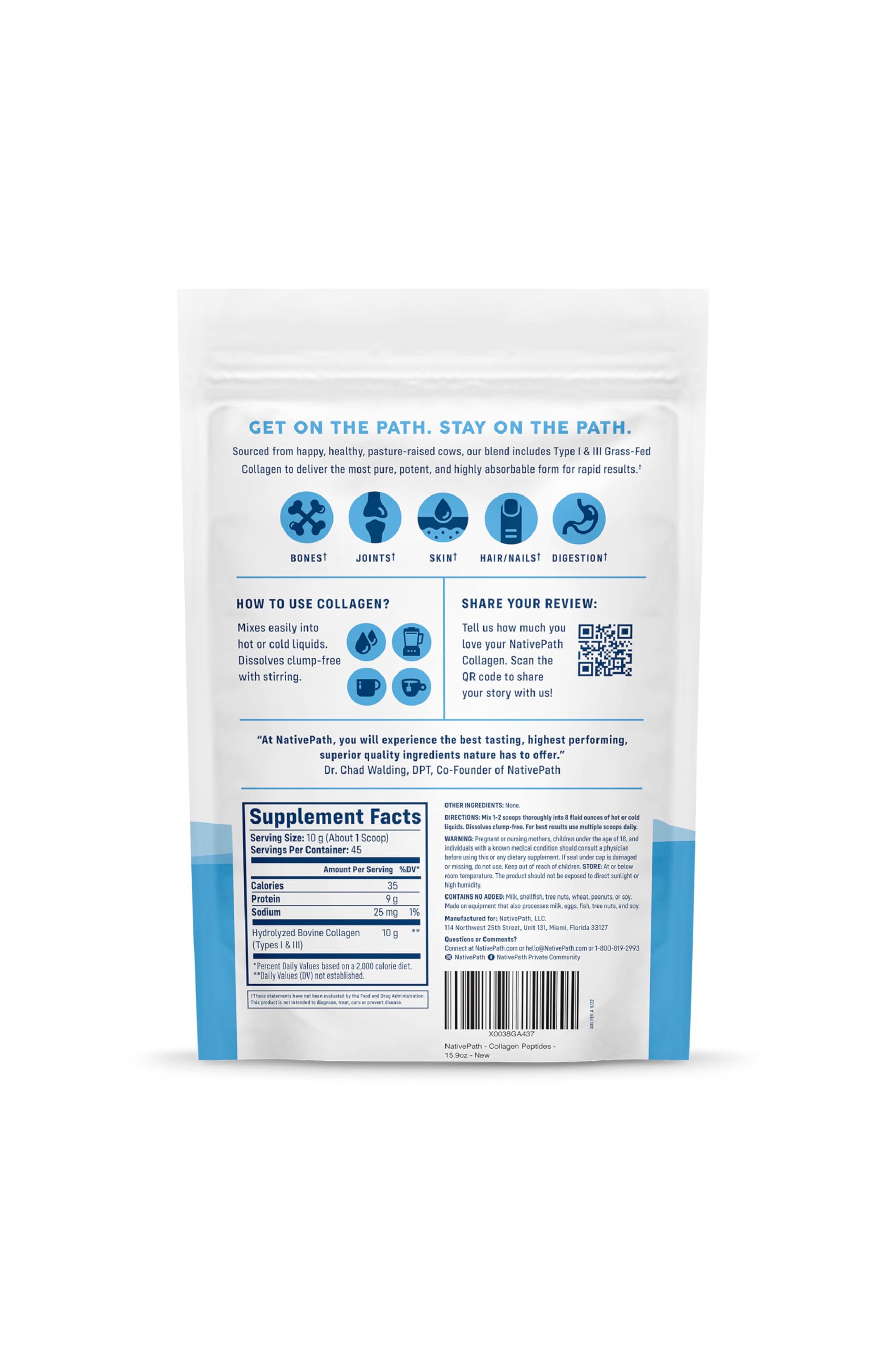 NativePath Collagen Peptides Protein - Hydrolyzed Type 1 & 3 Collagen Powder for Skin, Hair, Nails - 15.9 oz (45 Servings)