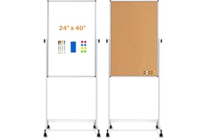 WALGLASS [24" x 40"] Rolling Whiteboard & Corkboard Combo with Stand, Reversible Double-Sided White Board Cork Board Combination, Mobile Dry Erase and Bulletin Boards on Wheels, School Supplies, Office, Home