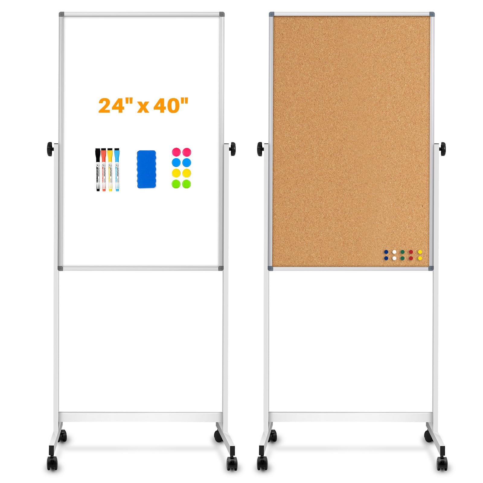 Photo 1 of [13 Sq/ft] WALGLASS Rolling Whiteboard & Corkboard Combo with Stand, 24"x40" Reversible Double-Sided White Board Cork Board Combination, Mobile Dry Erase and Bulletin Boards on Wheels