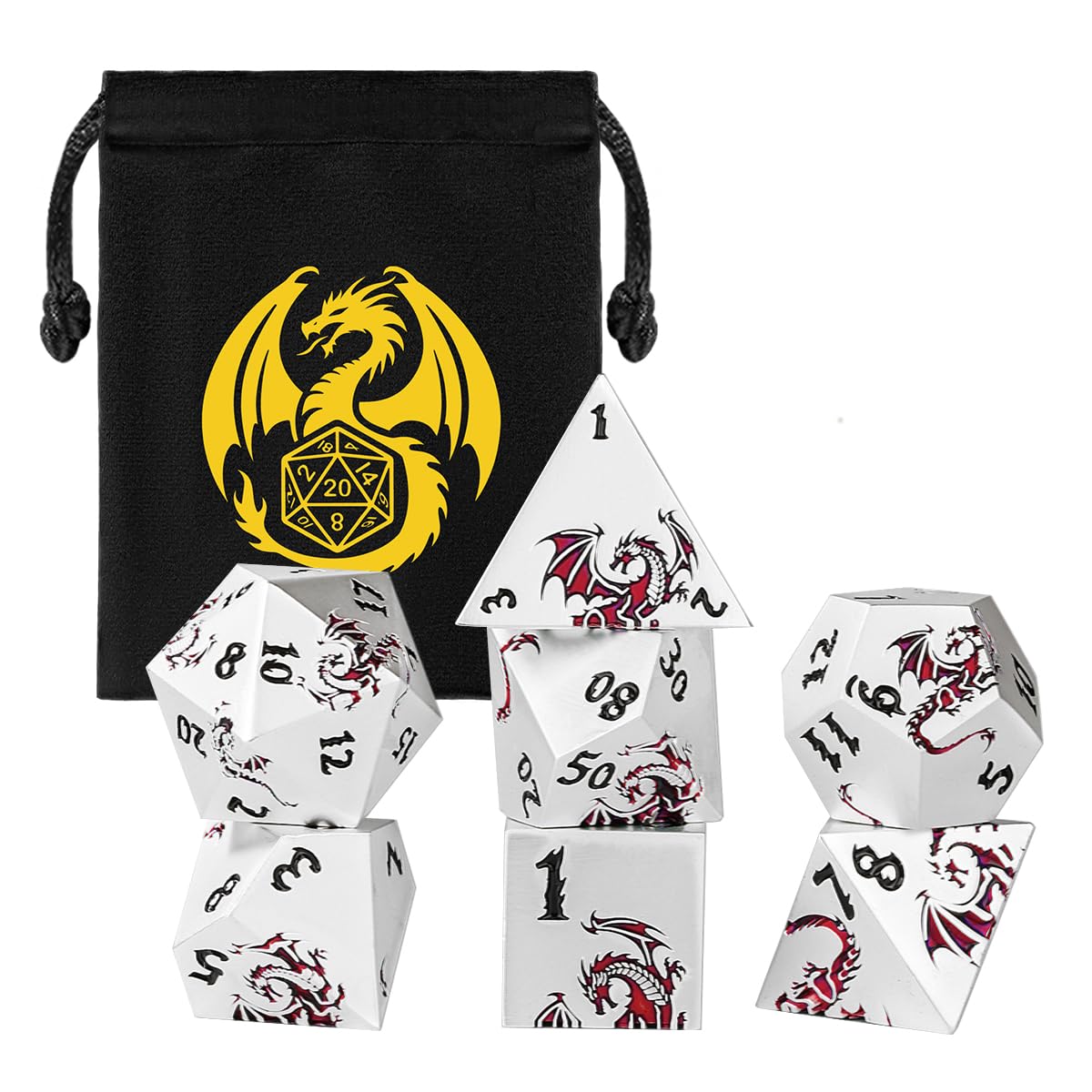 Metal Dice Set, Flat Face White Red Dragon Pattern, 7pcs Polyhedral Metal DND Dice Set, DND Starter Set, D&D Gifts with Gift Bag, Role Playing Board Games Accessories, White