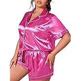 WDIRARA Women's Sleepwear Button Front Short Sleeve Collar Shirt and Shorts Satin Pajama Set