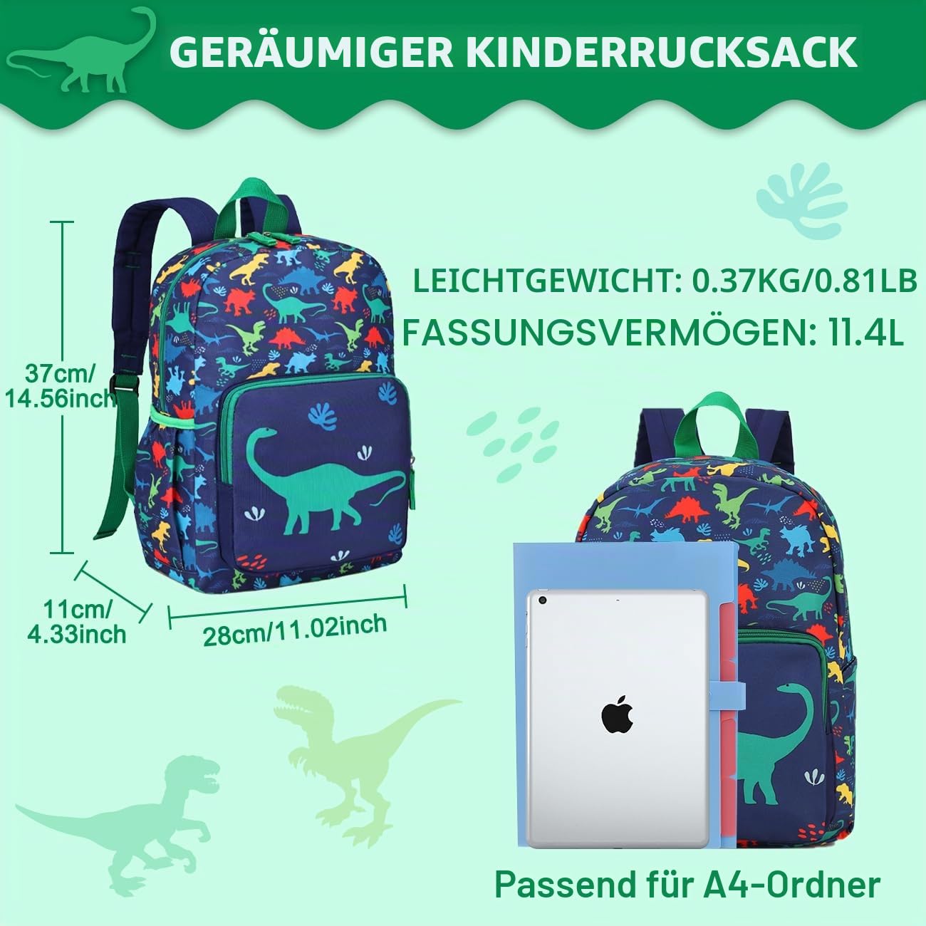 Kinderrucksack für Jungen 4-8 Jahre, Leichter & Wasserabweisender Vorschule Rucksack,Schulrucksack mit Brustgurt, für Grundschule,Dinosaurier 2