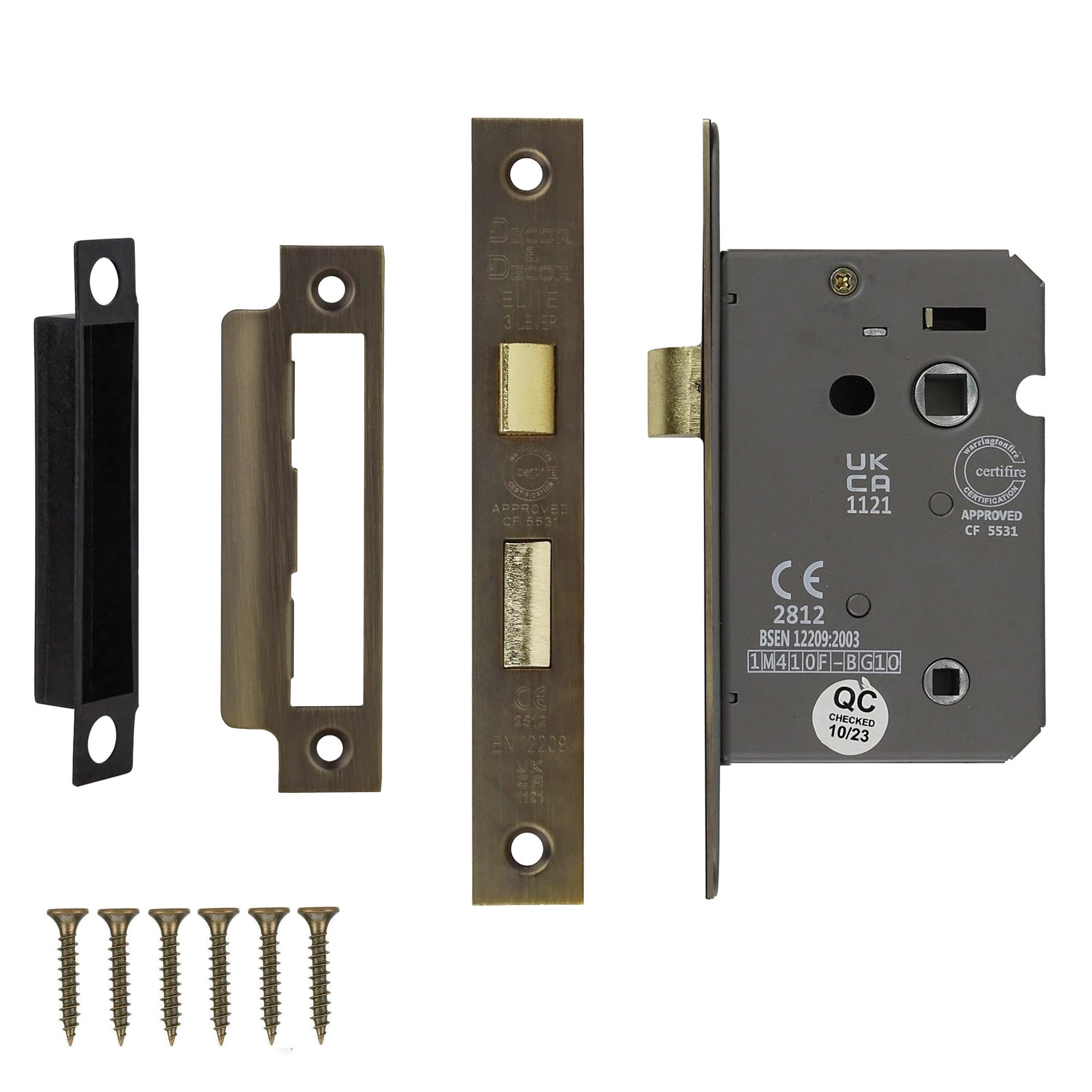 Decoranddecor Bathroom Mortice Lock - 2.5inch / 64mm - Antique Brass - Fire Rated - UKCA & CE Approved