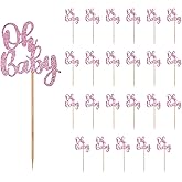 24pcs Oh Baby Cupcake Toppers, Glitter Baby Shower Cake Topper Party Decorations Cute Cupcake Picks Party Supplies for Wedding Birthday Baby Shower Decor (pink)