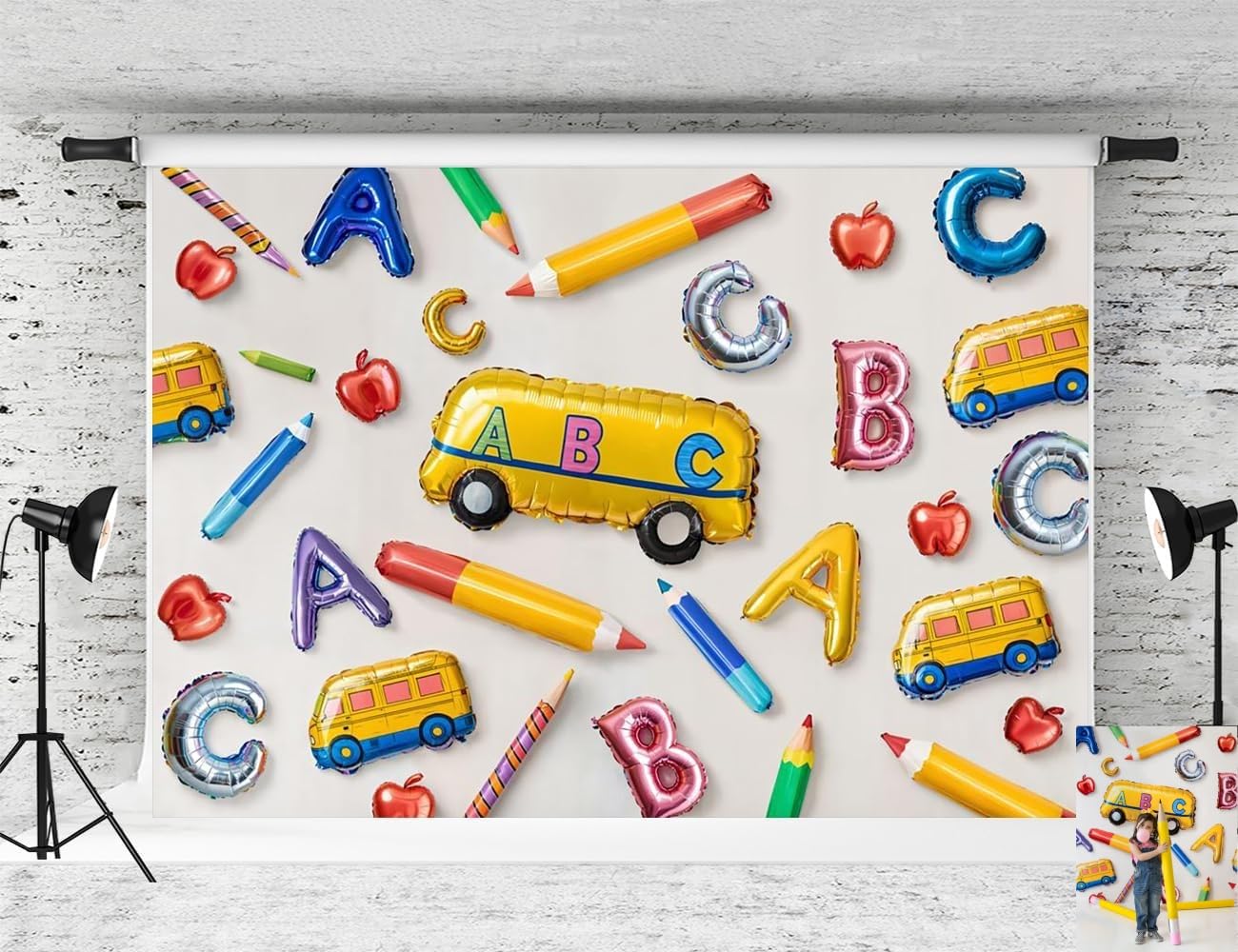 Photo 1 of Kate Back to School Pencils School Bus Apple Backdrop Photo Background Studio Props,7x5ft