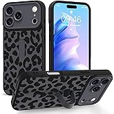 Jefonha Compatible with iPhone 17 Pro Max Case with Finger Hand Strap Kickstand, Trendy Cool Leopard Cheetah Print Phone Case for Women Men, Full Camera Protection Shockproof Protective Cover, Black