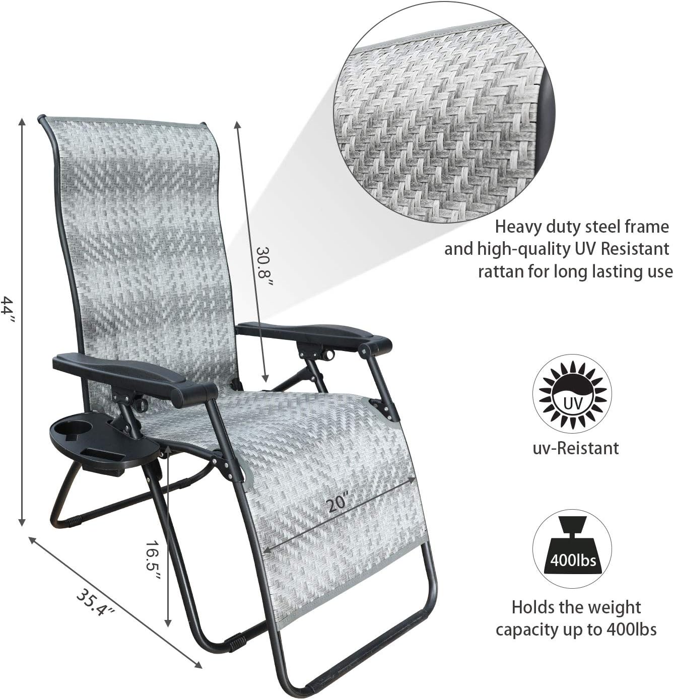 GOLDSUN Rattan Zero Gravity Chaise Lounge Chair Adjustable Patio Lawn Wicker Reclining Lounger Chair with Tray for Outdoor,Garden,Beach,Porch,Swimming Pool (Grey with Round Leg): Kitchen & Dining