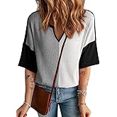 Dokotoo Womens Summer Tops Fashion 2026 Half Sleeve Waffle Knit Shirts Casual V Neck Colorblock Patchwork Blouse