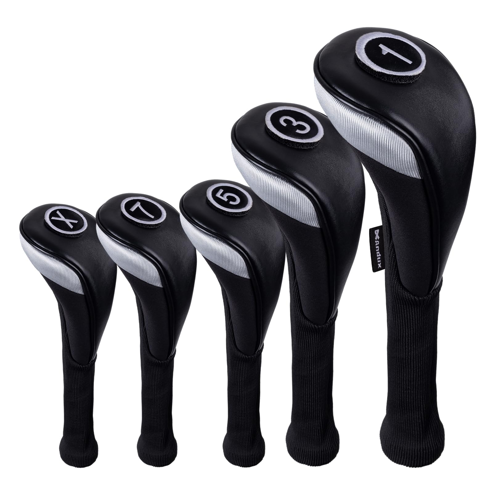 Andux 5pcs/Set PU Golf Wood Club Head Covers 460cc Driver with Long Neck Black