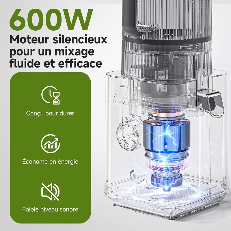 Extracteur de Jus, Fruits Entiers 155mm Large Goulotte, Extraction à Froid Haut Rendement, Facile à Nettoyer, 2,5L Séparateur, Jus du Matin, Petit Déjeuner Sain