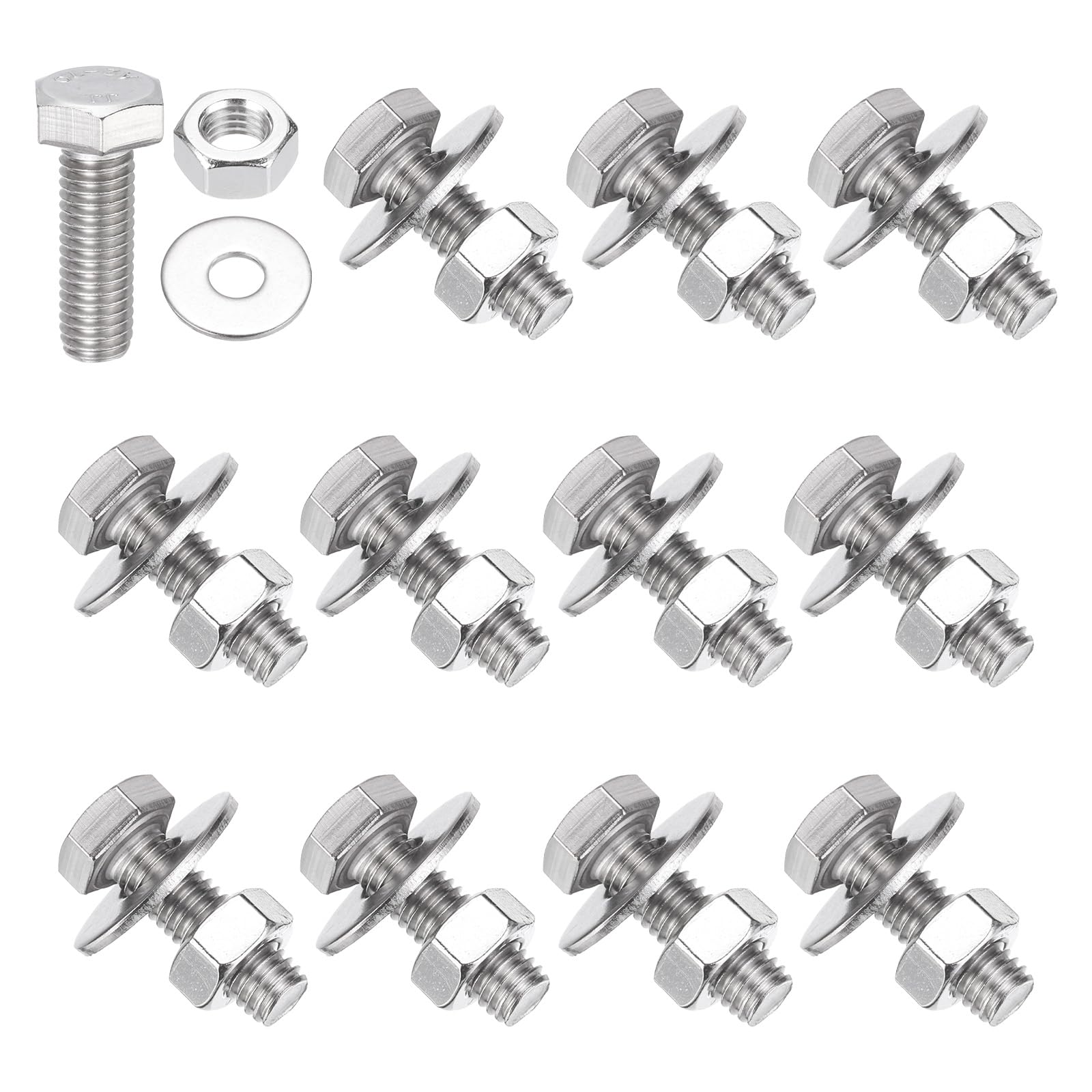 PATIKIL M8 x 25mm Hex Bolts, 12Pcs 304 Stainless Steel Hexagon Head Screws with Hex Nut Flat Washer Full Thread Fasteners Machine Screw Plain Finish for Furniture Engineering, Silver